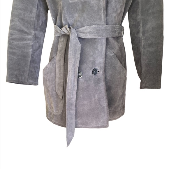 Vintage A&F 1970s Abercrombie Fitch Gray Suede Faux Fur Belted Coat Jacket - L - Picture 3 of 16